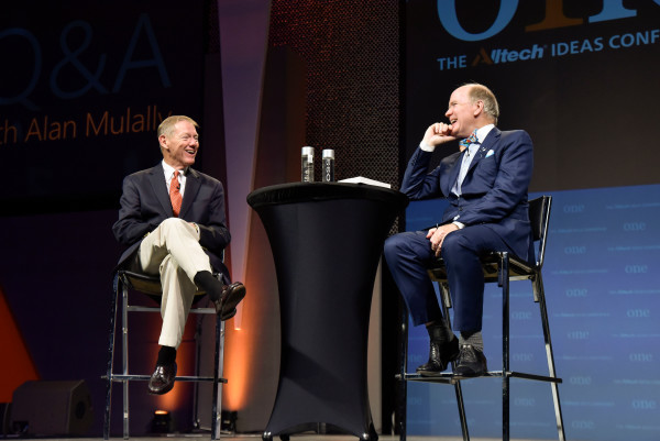 Alltech Founder and President, Dr. Pearse Lyons, and Alan Mulally, President and Chief Executive Officer, The Ford Motor Company (2006-2014), speak during the Alltech ONE Ideas Conference in Lexington, Kentucky.