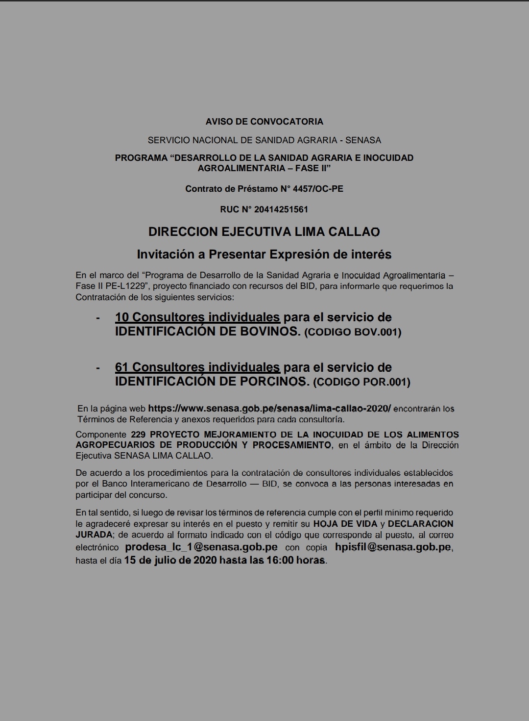 Convocatoria Servicio Nacional De Sanidad Agraria – SENASA – Perulactea